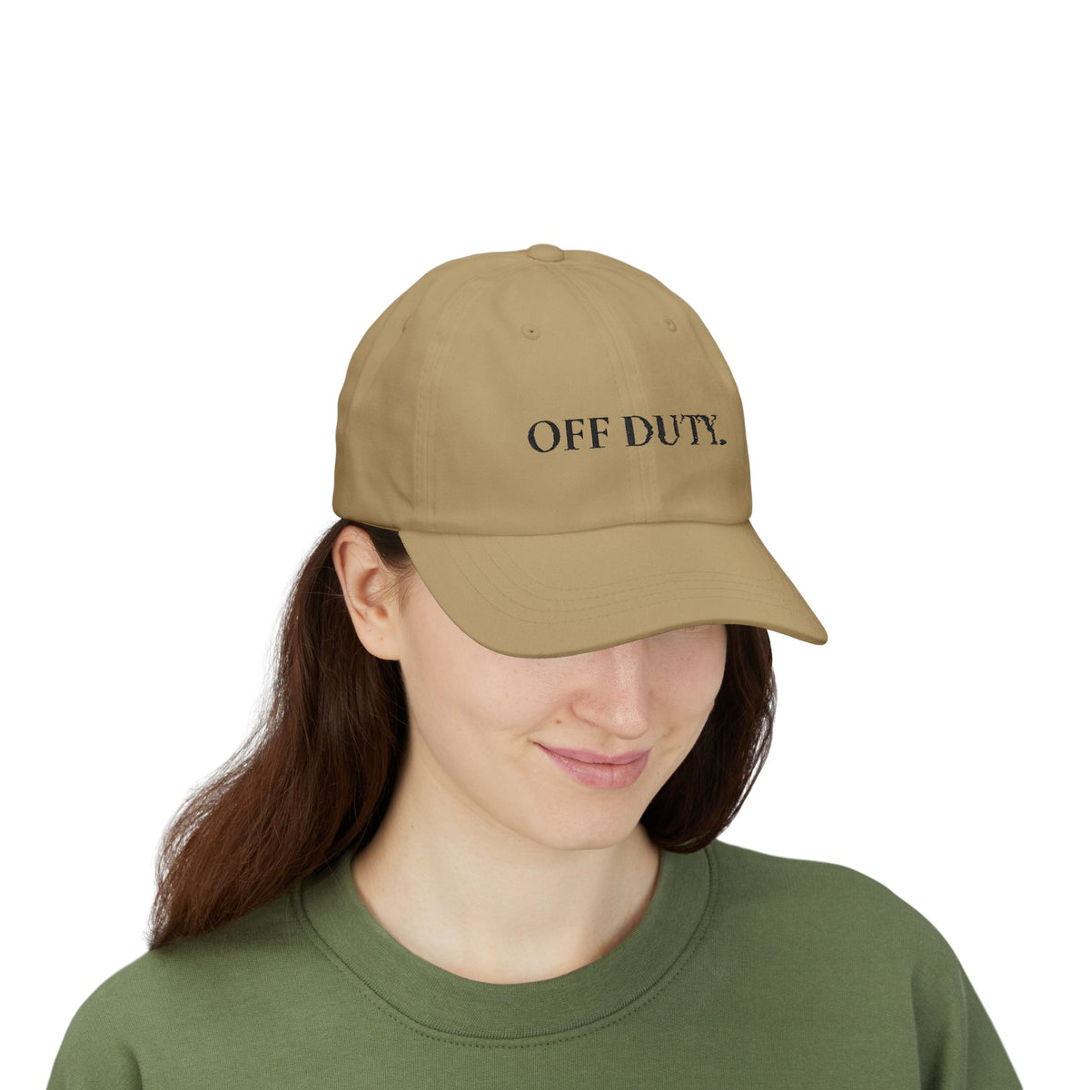 Gorra estilo "Dad Cap" "OFF DUTY". Gorra de béisbol relajada con bordado.